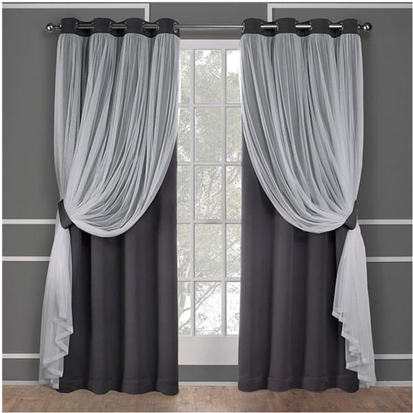 【03】Lagdelt Solid Rumsmørklæggende Blackout og Skir Gardinpanelpar med Øjer sort sort black inch52x84