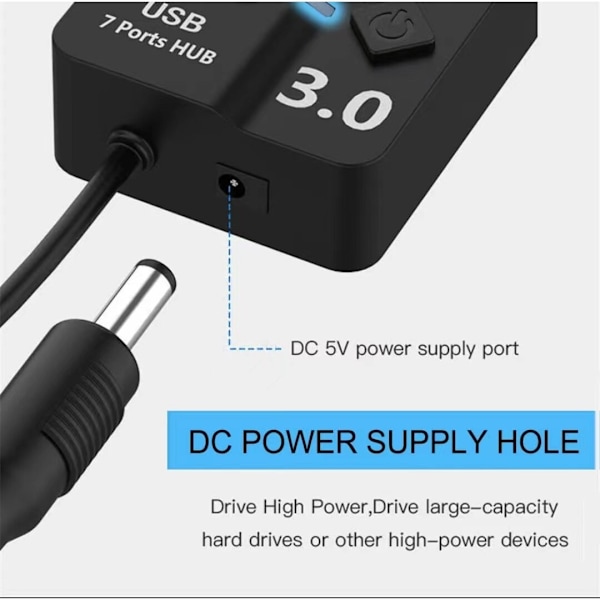 USB 3.0 Hub, 7-Port USB Data Hub Splitter, USB-forlænger