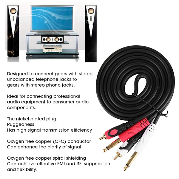 För 2RCA till Dubbel 6.35 Interface Audio Gitarrkabel Dubbel Hankontakt Kabel
