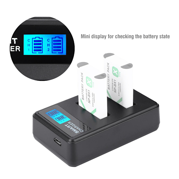 Bærbar Rejse Udendørs USB Opladning LCD Dobbelt Slots Oplader til NP-BX1 Batteri Sort