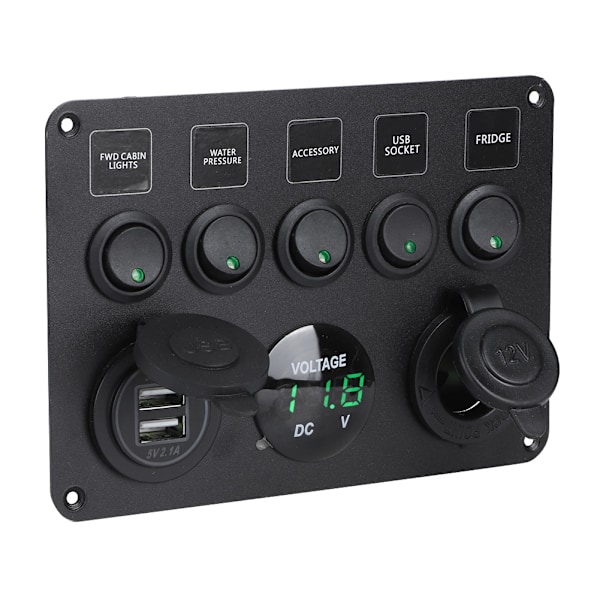 5-vejs LED vippekontaktpanel med digital voltmeter, universal til autocamper, bil, motorbåd, grøn