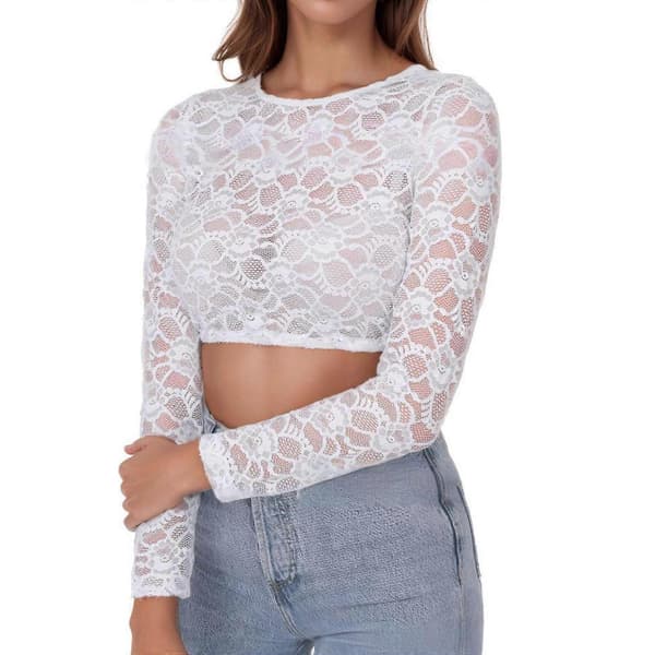 Långärmad spetsblus med dirndl-motiv för kvinnor, rund hals, pullovertopp för bayerska traditioner och moderna modeentusiaster, vit XL White XL