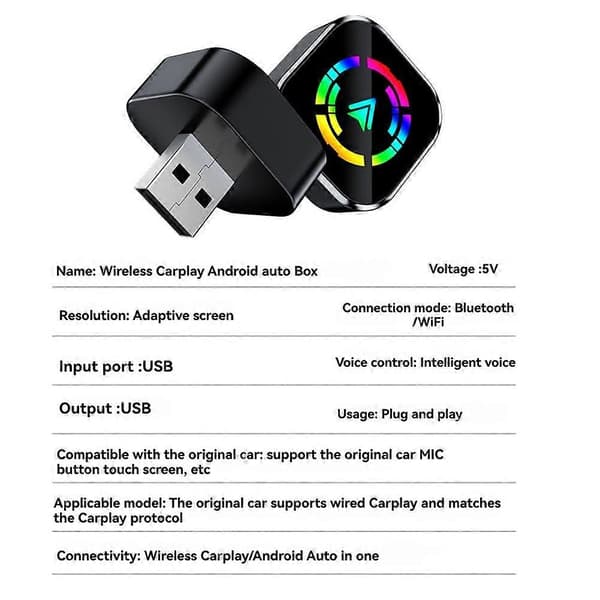 2in1 Langaton Carplay Android Auto AI Box Plug and Play USB-autosovitin BT WiFi langallisille CarPlay/Android Auto -autoille Musta