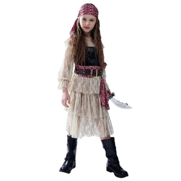 Flickor Spets Piratkjol för Halloween Långärmad Rollspelsklänning Temafest Scenframträdande Kostym EE465 S