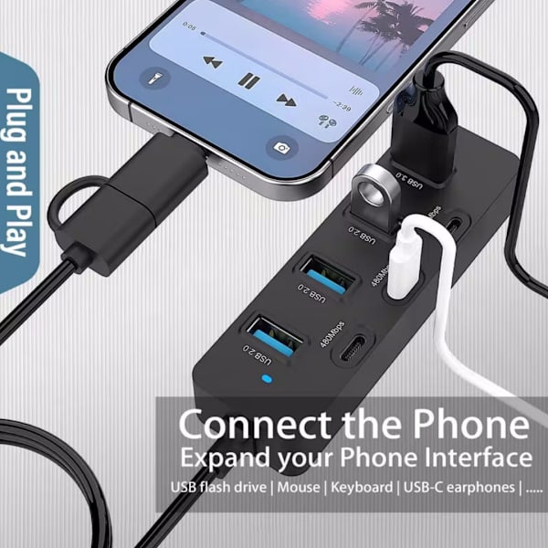 USB C-hub, 7 portar USB3.0 till USB-C-hub, usb 3.0-hub