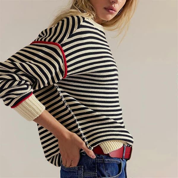 Dame Casual Langærmede Rundhalsede Trøjer Oversized Stribede Strikkede Vintertrøjer Løse Jumper Toppe Gaver Sort M Black M