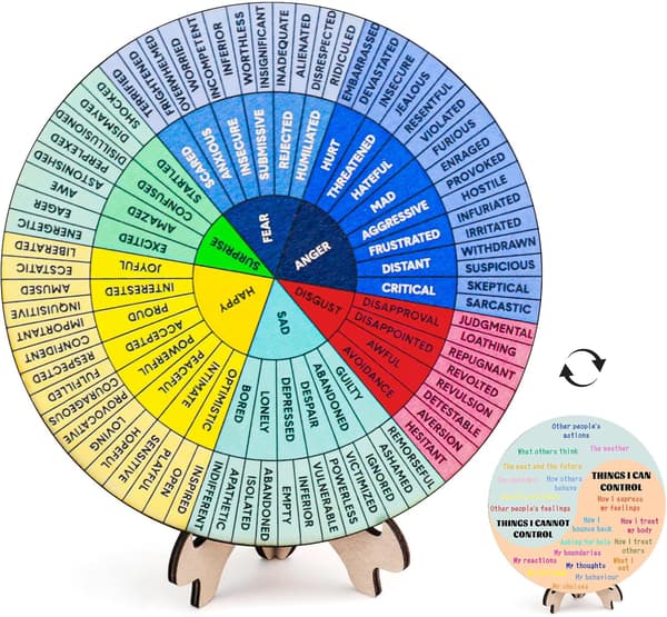 【03】Følelseshjul med stativ, dobbeltsidet terapi følelseshjul, mental sundhed følelsesdiagram (flerfarvet)