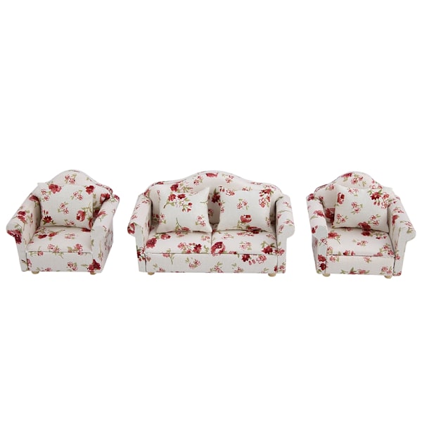 1/12 Skala Dukkehus Tilbehør Blomstermønster Mini Møbler Sofasæt Med Ryghynder (#1)