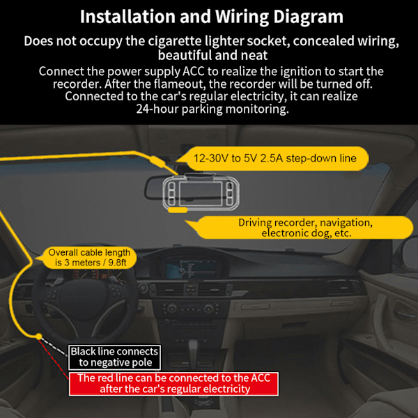Dash Cam Hardwire Kit 12V/24V til 5V 2.5A Venstre Vinkel Mini USB Step-Down Linje til Parkeringsovervågning