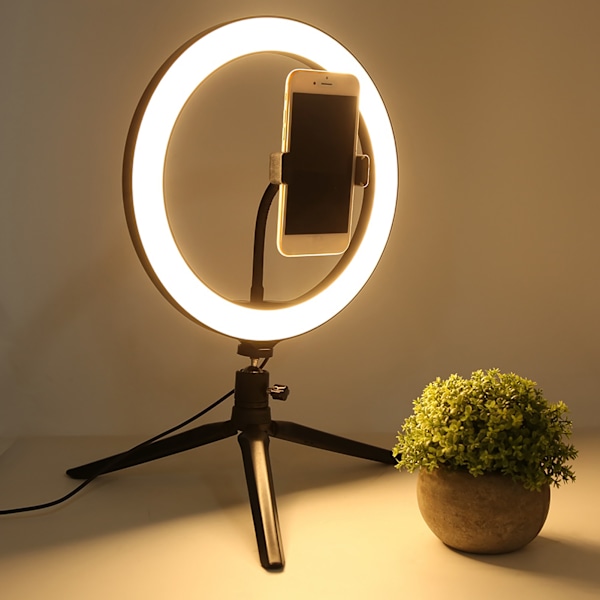 26 cm/10 tommer Ring Light LED Live Lampe Fyldlys Dæmpbar USB-port 2800K‑7000K med Bordstativ Telefonclipsæt