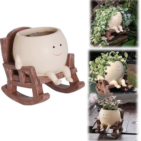 【03】Smiley Face Planter Pot Søde Blomsterpotter i Harpiks, der Sidder i Gyngestole, 100% Ny