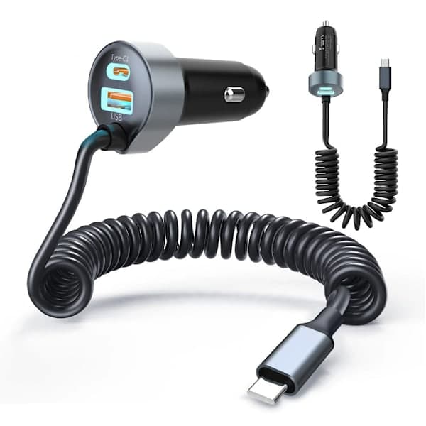 【03】Biloplader USB C Hurtigopladning til iPhone 16 med 1,5M 65W USB C Spiralkabel Biltelefonadapter PD&QC3.0 USB-oplader 12V USB-stik