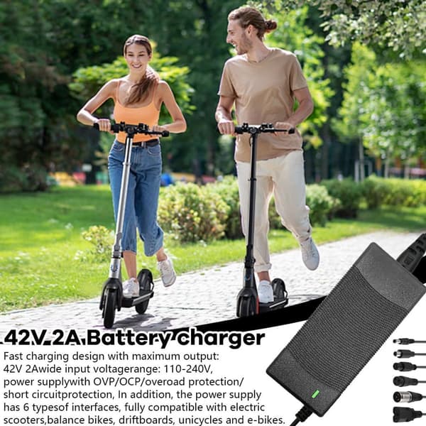 【03】Universal 42V 2A 84W oplader med 6 adapterspidser - til el-scooter, hoverboard, balancecykel, elcykel