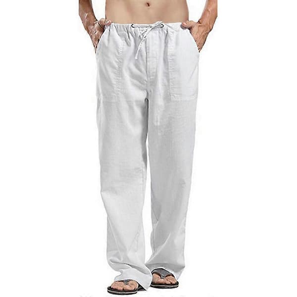 Herrbyxor i linne med dragsko och lös passform White 2XL