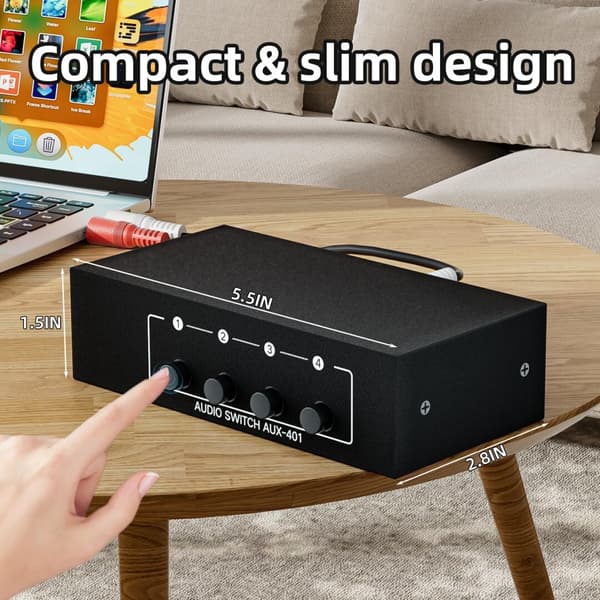 4 kanaler 3,5 mm Aux + RCA L/R Audio Switcher Box, 4 ind 1 ud A/B Analog Audio Switcher Selector, Audio Splitter
