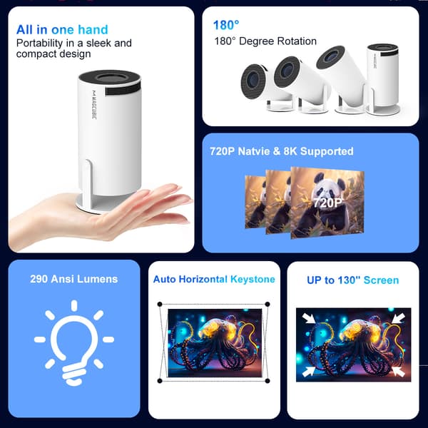【03】2026 HY300 Pro Smart Android 14 HD-projektor med apps, WiFi og Bluetooth Hvid white