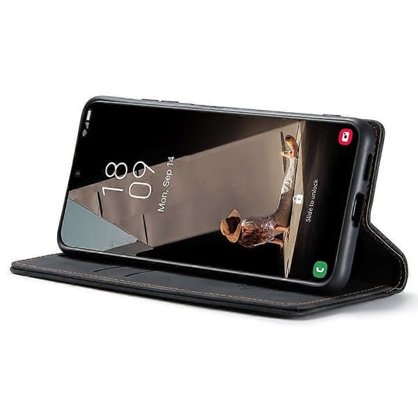 【03】CASEME 013 Series Samsung Galaxy S21 FE Wallet Case Stand Automatic Suction PU Leather Case Black Black Black