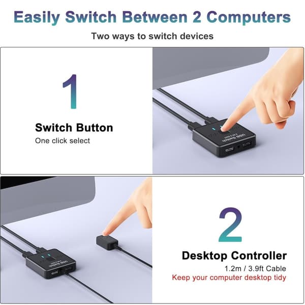 USB-switch 2 in 2 ut, USB-switch, skrivardelare för 2 datorer, 2-ports USB-väljare med 2 USB-kablar och extern kontroll