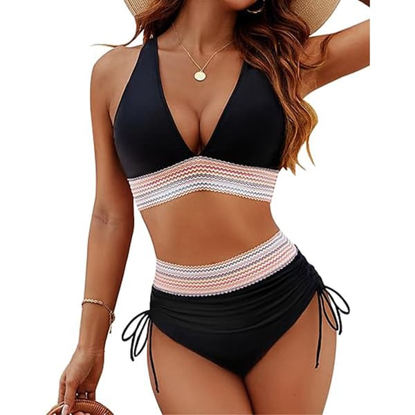 【03】Højtaljet bikini til kvinder med mavekontrol, sort black L