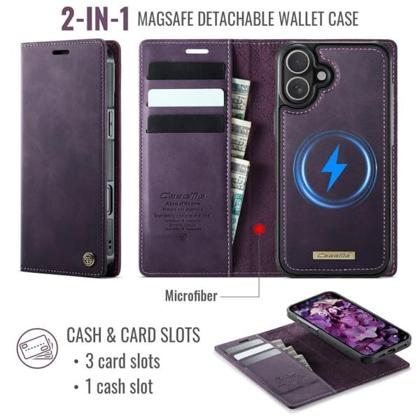 【03】iPhone 17 -nahkakotelo MagSafella ja ID-estolla, irrotettava lompakko Purpur