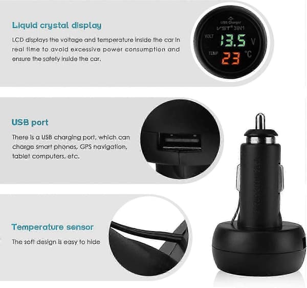 2026 Ny bilvoltmeter, 3 i 1 12-24V biltermometer bil-USB-oplader voltmeter med LCD digitalt displayfelt