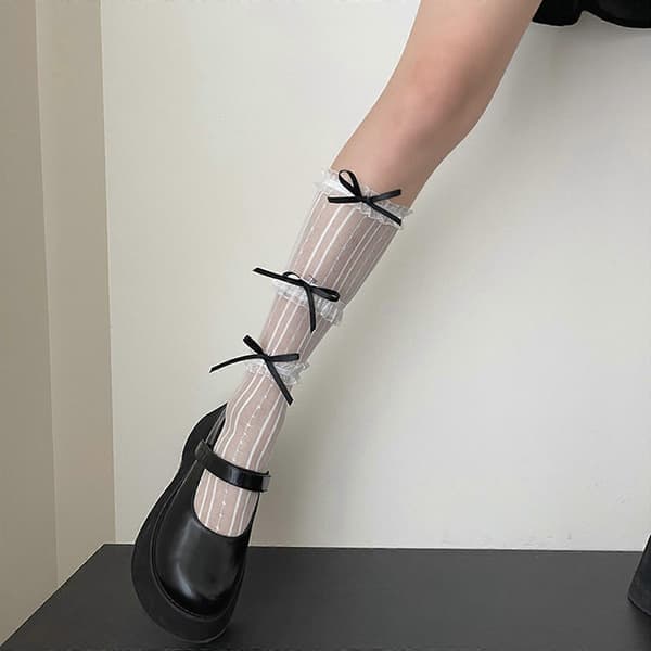 Lolita-strømper Knæhøje strømper Modestrømper Mellemlange strømper Elastiske benvarmere Nylonstruktur Til modeentusiaster White socks black E