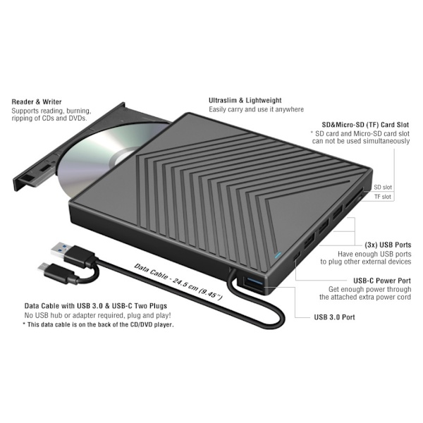 USB ekstern DVD-brænder, universelt optisk dvd-drev til bærbare computere, disk-læser, USB-hub