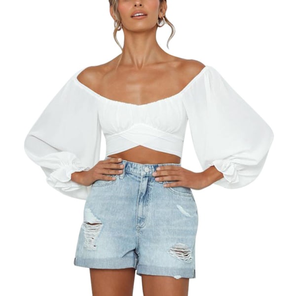 Dame Sød Off Shoulder Flæse Wrap Crop Top Elastisk Manchet Lang Pufærme Bindebånd Bagpå til Fest Shopping Rejse Date Type 2 S