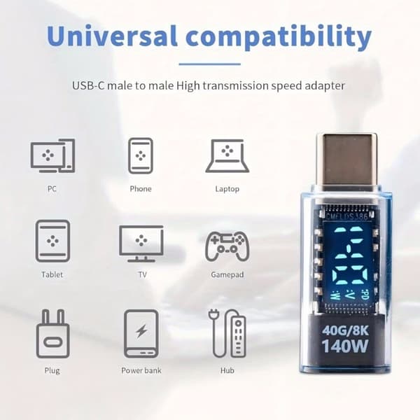 Sæt med 2 adaptere med en maksimal effekt på 140W, med USB-C til USB-C forbindelse og et digitalt display