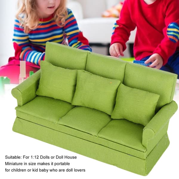 1:12 Dockhus Mini Soffa med 3 st Kuddar Vardagsrumsmöbler Trä Dockhus Dekorations Tillbehör Grön