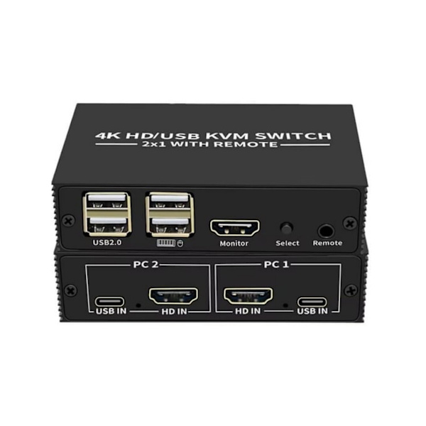 KVM Switch 2 til 1 HDMI 2.0 4K60Hz til PC, Xbox, PS5 og bærbar computer med 4xUSB-porte