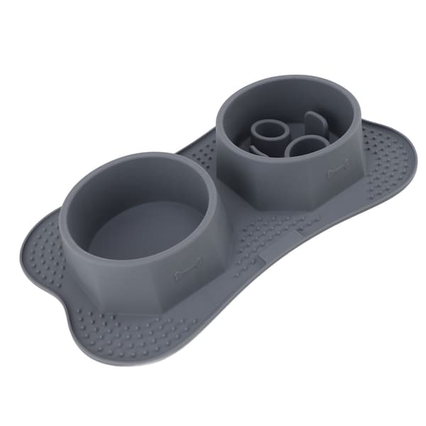 Silikone Dobbelte Kæledyrsskåle Kæledyrsfoder Vandskåle Dobbelte Kæledyrsfoderskåle med Spildsikker Måtte til Hunde Katte S 37,5x20,5cm
