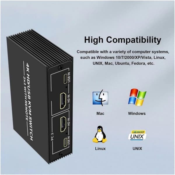 KVM-switch 2 till 1 HDMI 2.0 4K60Hz för PC, Xbox, PS5 och laptop med 4xUSB-portar