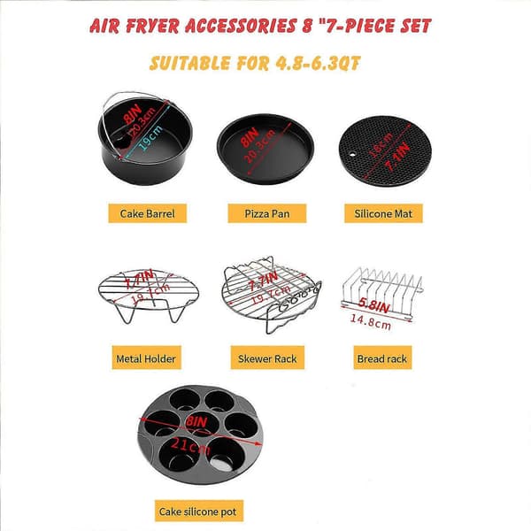 airfryer tilbehør 7 stk til 4.8QT-6.3QT airfryer med 8 tommer kageform