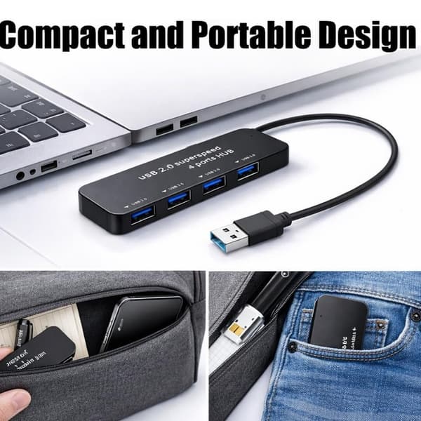 4-i-1 USB 2.0 Hub med 4 porte, ultrahurtig 480 Mbps dataoverførsel, stabil og pålidelig ydeevne, til bærbar computer, pc