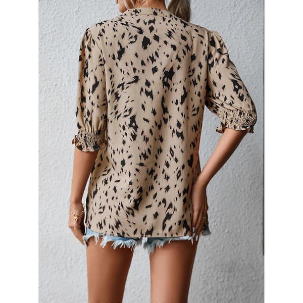 Leopardmønstrede toppe med halv ærme, casual, flæse, rund hals, pufærmede bluser, orange XL Orange XL