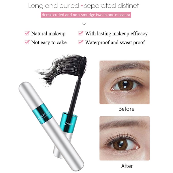 Dubbelsidig 4D Ögonfransförlängningsmascara Vattentät Silk Fiber Volume Mascara Långvarig Mascara