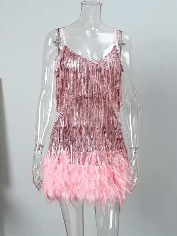 【03】Sequin Fringed Feather Dress with Spaghetti Straps pink pink M