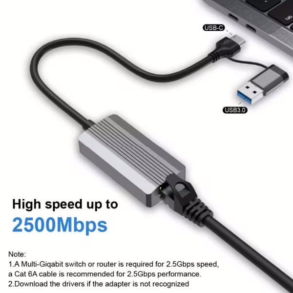 2-i-1 USB-C/USB-A 2,5 Gbps Ethernet-adapter, höghastighets RJ45 trådbundet nätverkskort