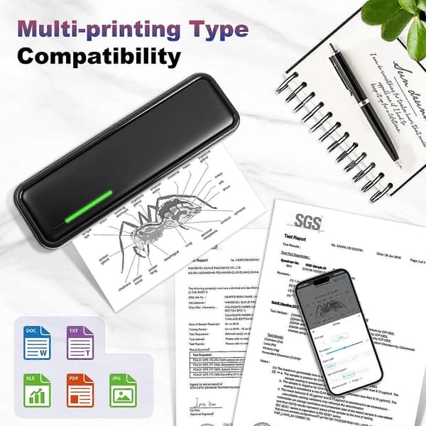 【03】Bærbare blækfri printere, genopladelig trådløs Bluetooth-printer til rejser, kontor og hjem, understøtter A4-størrelse termisk papir, iOS og Android Black