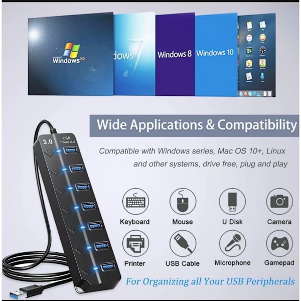 USB 3.0 Hub, 7-Port USB Data Hub Splitter, USB-forlænger