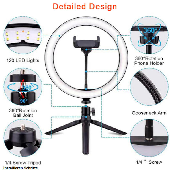 26 cm/10 tommer Ring Light LED Live Lampe Fyldlys Dæmpbar USB-port 2800K‑7000K med Bordstativ Telefonclipsæt