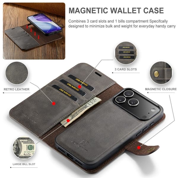【03】DG MING iPhone 17 Pro Max 2-i-1 Magnet Pung Etui - Grå gr\\u00e5 gray