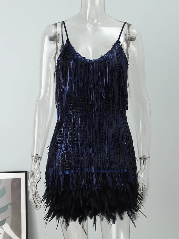 【03】Paljettfransad fjäderklänning med spaghettiband mörkblå dark blue dark blue S