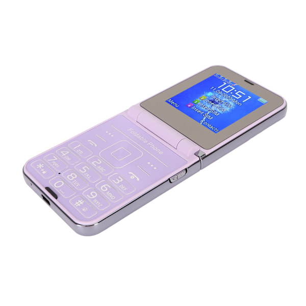 Flip 2G Telefon 2.6in Senior Mobiltelefon 2 Skärmar 1.3MP 4 SIM-kort Standby Stor Knapp Stora Siffror Högt Ljud Grundläggande Telefon för Äldre Lila