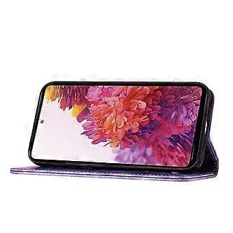 【03】Compatible with Samsung Galaxy S21 FE 5G Embossed Butterfly Cat Wallet Case with Card Slots Kickstand Case Purple