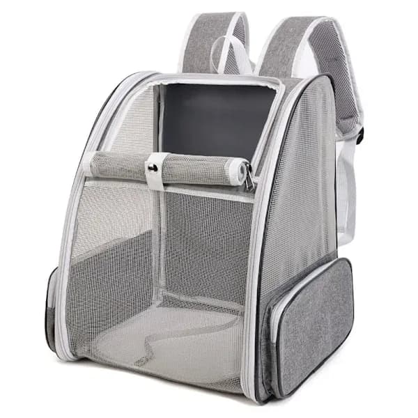 【03】Cat Backpack, Large Pet Backpack with Feather Cat Toy Compatible with Medium Small Dog, Cat, Puppy, Kitten, Rabbit up to 7 kg (Grey)
