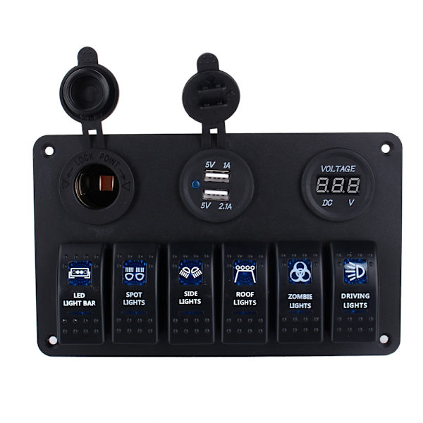 6-vägs LED Bil Båt Vippströmbrytarpanel USB-uttag Cigarettplugg Voltmeter