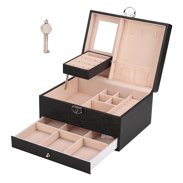 Smykkeskrin til husholdningsbrug Vandtæt PU-læder Smykkeetui Dobbeltlags Partition Stor kapacitet Ornament Organizer Sort