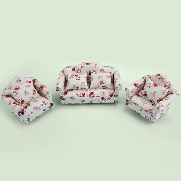 1/12 Skala Dukkehus Tilbehør Blomstermønster Mini Møbler Sofasæt Med Ryghynder (#1)
